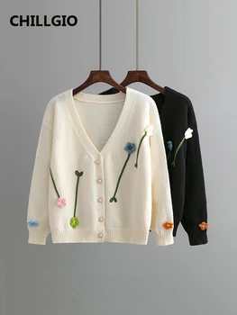 CHILLGIO Iarna Florale Cardigane Tricotate Moda Streetwear Casual Mâneci Lungi Tricot V Gât Colegiul Stil coreea Tricot Pulover