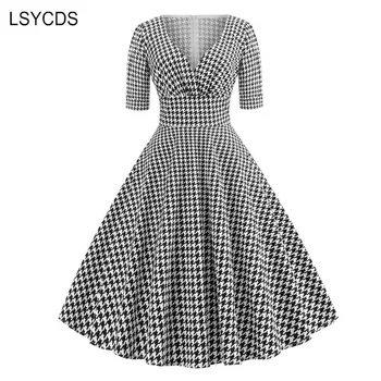 LSYCDS Femei de Epocă Elegant Houndstooth Dress V-Gât Jumătate mâneci Genunchi-lungime Rochie Retro Casual de Partid O-Linie '50 -' 60, Rochie