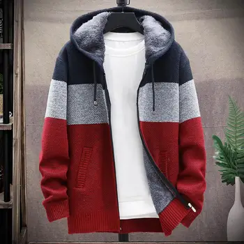2021 coreean Toamna cu Gluga pentru Bărbați Pulovere cu Gros și Catifea Barbati Cardigan Tricotate Sweatercoats Mozaic Sacou Masculin M-3XL