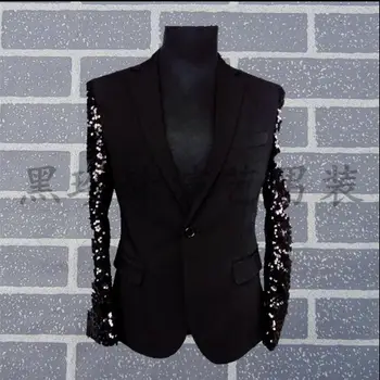 S-3xl Nou Plus Dimensiunea Îmbrăcăminte pentru Bărbați Moda Sequin Blazer Subțire Paiete Negre Maneca Sacou Costum de Scena Cantareata Club de noapte, Costume de