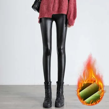 2022 Toamna Iarna Catifea Groasă Cald Pantaloni de Piele Femei Elastic PU de Înaltă Talie Jambiere Negre Casual Slăbire Fleece Pantaloni