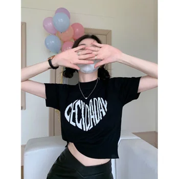 Femei de Moda de Alfabet de Imprimare Negru Versatil Scurt cu mâneci Tricotate T-shirt, de Vară, Femeie tuns Scurt Buric Bottom Tricou