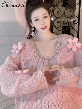 2021 Nou Haine de Iarnă de Moda de Proiectare Vrac V-gât Tricotate bottom Top supradimensionat Leneș coreeană Stil Dulce, elegant Pulover