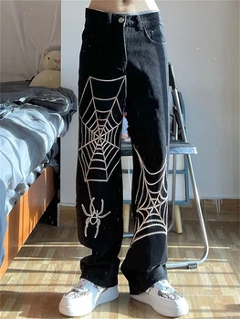 Vintage Denim Pantaloni Largi, Supradimensionate Y2k Femei Blugi Spider Print Moda De Primăvară Scăzut Talie Streetwear E Fată De Imprimare Pantaloni Casual