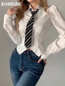 IAMSURE Birou Doamnelor Subțire Solid Trunchiate Bluza Cu Cravata Baisc de Turn-Down Guler Maneca Lunga Split Tricou Femei 2022 Toamna Primavara