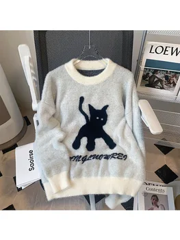Plus Cat de Imprimare Femei Tricot Pulover de Toamna Iarna 2022 Nou Echipajul gât Tricotaje Femei Maneca Lunga Pulover Vintage Stil coreean