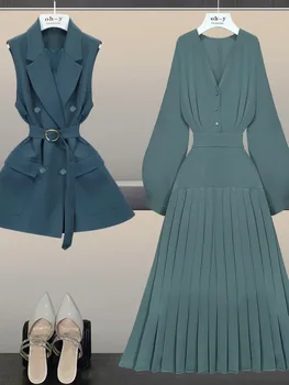 Rochie cu Maneci lungi coreeană de Moda Casual Culoare Solidă V-neck fără Mâneci Vesta de Talie Mare Doamnă Birou Casual Elegant Nou 2022