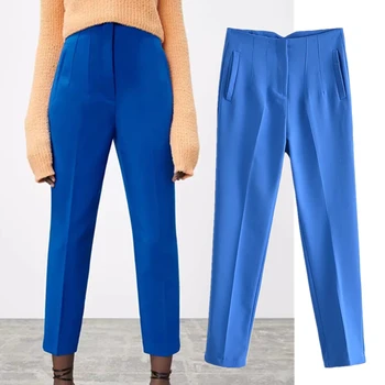 Elmsk 2022 Anglia Stil Simplu, Pantaloni Casual, Pantaloni Glezna Moda De Înaltă Talie Cutat Culoare Albastru Pur Pantaloni Drepte Femei