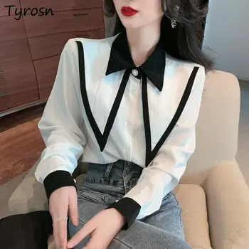 Tricouri Femei Dulce Design Retro All-meci Streetwear Elegant Chic Singur Pieptul Topuri de Moda coreeană Maneca Lunga Bluze Mujer