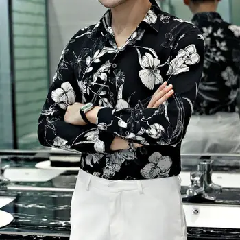 Elegant Tipărite Rever Butonul Îmbinat Liber coreean Cămașă Îmbrăcăminte pentru Bărbați 2023 Primăvară Noi Topuri Casual cu Maneci Lungi All-meci Tricouri