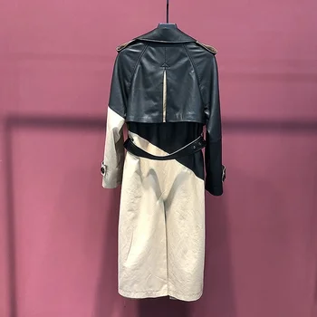 Doamna De Birou Elegant Din Piele Șanț De Moda Mozaic Slim Belt Breasted Dublu Strat De Piele De Oaie Streetwear Femei Palton