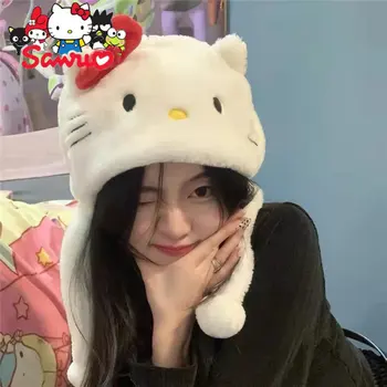 Sanrio Hello Kitty Pălărie De Iarnă Desene Animate Acoperi Student De Pluș Gros Kawaii Ține De Cald Îngroșa Ureche De Protecție Capac Cu Bicicleta Fotografie Elemente De Recuzită