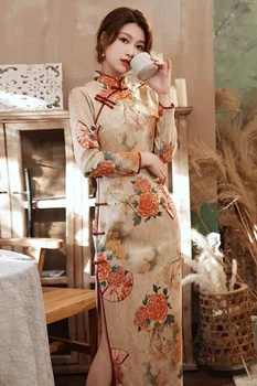 2023 noi femeile din china stil retro moda elegant cheongsam maneca lunga mare split sexy floare de imprimare timp qipao rochie g791