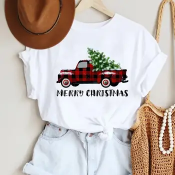 Tendința Femei Carouri Camion 90 Drăguț Crăciun Fericit tricouri Vacanță de Desene animate de Anul Nou de Imprimare de Moda de Top Grafic Tricou de Călătorie Tee