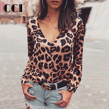 CCI Leopard de Imprimare Bluze si Topuri Femei Maneca Lunga V Gât Topuri Largi Doamnelor Toamna de Moda Casual T - Shirt
