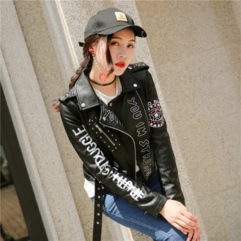 2019 Toamna Moda Punk Stil Geaca de Piele PU pentru Femei Scrisori Model Slim cu Maneca Lunga Primăvară Motocicleta Negru Graffiti Sacou
