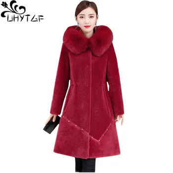 UHYTGF Calitate tunsul oilor iarna haină de blană de moda pentru femei blană de vulpe elegant 4XLplus dimensiune jacheta cu gluga temperament cald haina 509