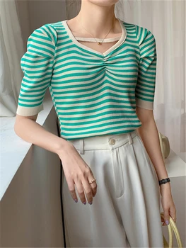 Vara Clasic cu Dungi Tricotate pentru Femei T-Shirt 2022 Nou Scurt Puff Sleeve V-Neck Bottom Tricouri Tricotaje Bluze Elegante, Feminine