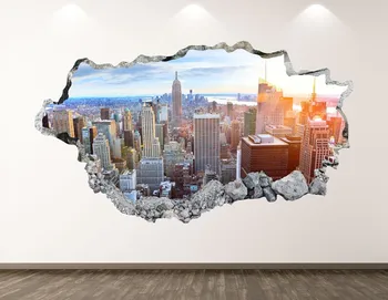 New York Perete Decal - Vedere la Oraș 3D Distrus Arta de Perete Autocolant Decor Camera pentru Copii Vinil Acasă Poster Cadou Personalizat KD332