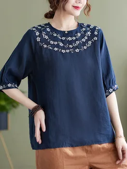 Femei Casual de Vara T-shirt Nou 2022 Stil Vintage Broderii Florale Vrac Lenjerie de pat din Bumbac de sex Feminin Jumătate Maneca Topuri Teuri B1754