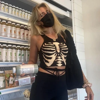 Goth Întuneric Emo Grunge Estetice Gotic Femei Imprimate, Tricotate crop top Negru Corset in partea de Sus de Îmbrăcăminte de Vară de Moda Streetwear Vesta