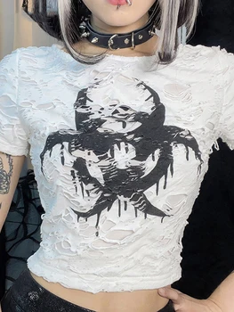 Noul Retro Gothic Estetice Femei Graphic T-shirt Gol Afară de Epocă, Grunge Moda Topuri de Cultură Punk Slab O-gât Emo Streetwear