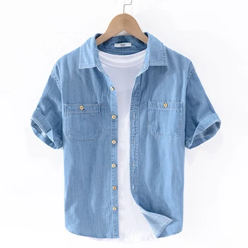 100% Bumbac cu mâneci scurte de vara din denim camasa barbati moda albastru camasi pentru barbati brand casual shirt mens confortabil combinezon camisa