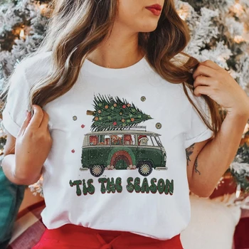 Femeile 2023 Copac Mașină Festival Drăguț Crăciun Fericit Purta Tricou De Anul Nou Sezon De Imprimare Topuri De Iarnă Grafic Teuri Îmbrăcăminte T-Shirt