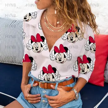 Kawaii Vara Topuri Femeile 2022 Tricouri Polo Femeie De Moda Bluze Sexy Tricou Mâneci Lungi Minnie Mouse V-Neck Y2k Haine Mickey