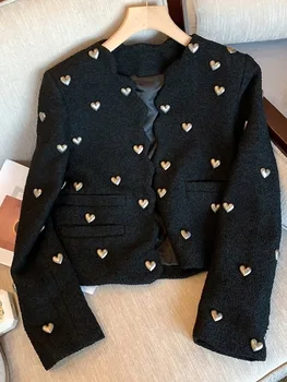 Pista De Lux Toamna Jachete Tweed Coat Pentru Femei De Moda Ștrasuri Din Mărgele Dragoste Piersic Amestecuri De Lână Neagră Doamnelor Cardigan Scurt Uza