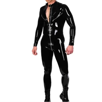 Moda Gummi Negru Bărbați Latex de Cauciuc Catsuit din Cauciuc Body cu Fermoar Fata Partea Zip pentru Barbati ( Fără Mănuși)
