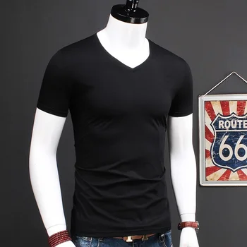 Bumbac T-Shirt Negru V-Neck Maneca Scurta Tricou Barbati Casual Culoare Solidă Bottom Teuri De Îmbrăcăminte De Sex Masculin