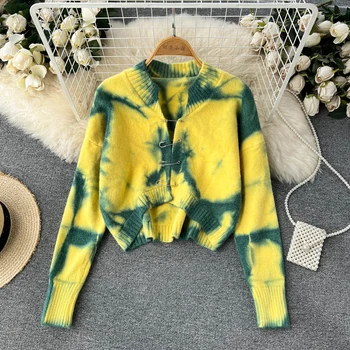 2022 Y2K Pin Butoane Tie Dye Epocă Cardigane Tricotate Sacou Decupaj pentru Femei la Modă Toamna Iarna Pulovere Topuri Scurte Gri