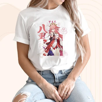 Femeile Teuri Genshin Impact ANILOR ' 90 Moda Maneca Scurta Tricouri Desene animate de Imprimare de Vară de sex Feminin Yae Miko Haine Topuri Grafic T-Shirt